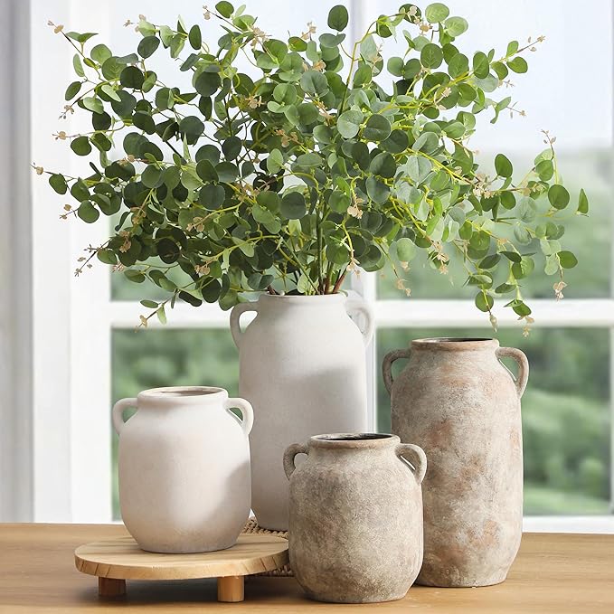 Large Flower Vase Home Decor - Tall Ceramic Farmhouse White Rustic Table Vases with Handle Living Room Decoration Decorative Modern for Fireplace Kitchen (12" Rustic)