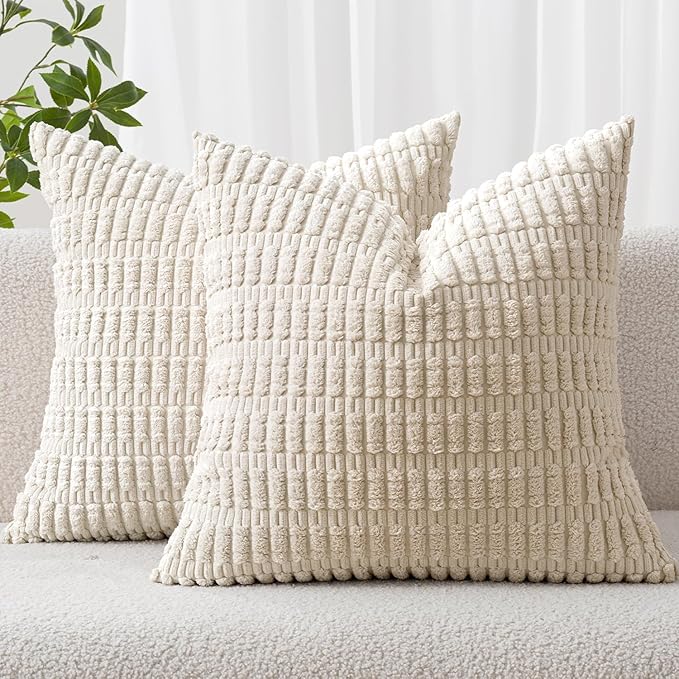 MIULEE Pack of 2 Corduroy Decorative Throw Pillow Covers 16x16 Inch Soft Boho Striped Pillow Covers Modern Farmhouse Home Decor for Sofa Living Room Couch Bed Cream White