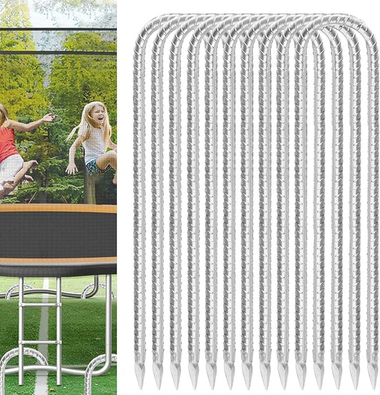 Trampoline Stakes Anchors High Wind 12inx6mm Galvanized U Hook 10pcs Rebar Stakes – Heavy Duty Ground Anchors for Trampoline,Yard & Inflatable,Landscape Metal Stakes for Outdoor Decorations