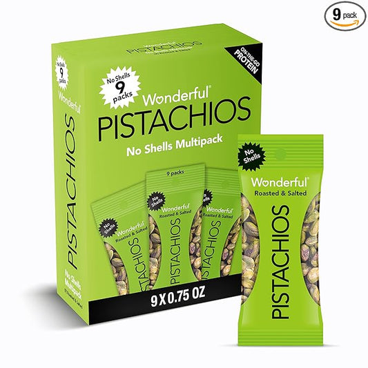 Wonderful Pistachios No Shells, Roasted & Salted Nuts, 0.75 Ounce Bag (Pack of 9), Protein Snacks, Gluten Free, On-the-Go, Individually Wrapped Snacks