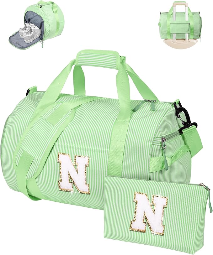 5 Year Old Girl Birthday Gift, Girl Gym Bag, Kids Monogram Overnight Duffel Bags with Shoe Compartment, Personalized Travel Bag with Makeup Pouch, Perfect for Sleepovers (Letter N)