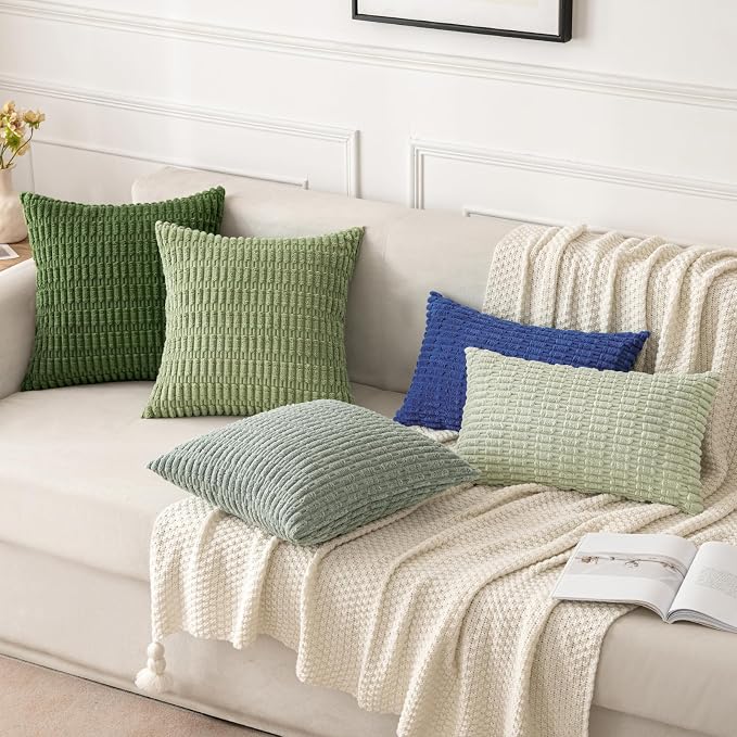 MIULEE Pack of 2 Spring Corduroy Decorative Throw Pillow Covers 20x20 Inch Soft Boho Striped Pillow Covers Modern Farmhouse Home Decor for Summer Sofa Living Room Couch Bed Moss Green