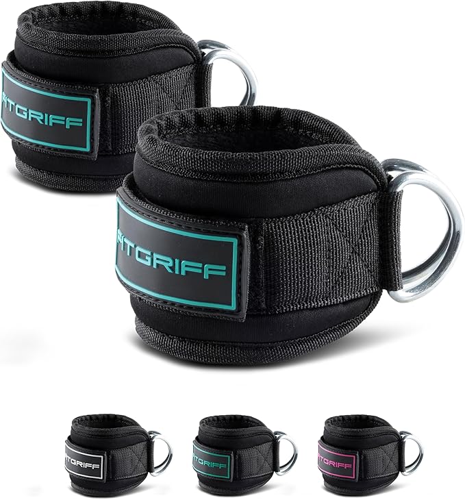 Fitgriff® Ankle Straps V3 for Cable Machine (2 Pieces) - Gym Workout Equipment - Leg Pulley Attachment, Kickback Straps