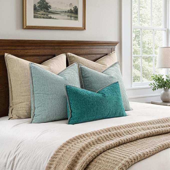MIULEE Pack of 2 Summer Throw Pillow Covers 18x18 Inch Coastal Light Blue Farmhouse Cottage Decorative Pillow Covers Stitched Edge Soft Chenille Pillow Covers for Couch Sofa Bed Living Room,Aqua Haze