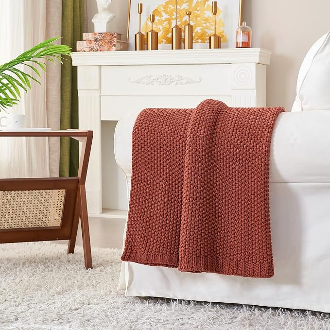 Longhui bedding Chunky Cable Knit Throw Blanket Lightweight Rust 100% Organic Cotton Blanket for Sofa Couch Bed Baby Nursery, Rustic Shabby Chic Modern Farmhouse, 60” x 80” Give Laundering Bag