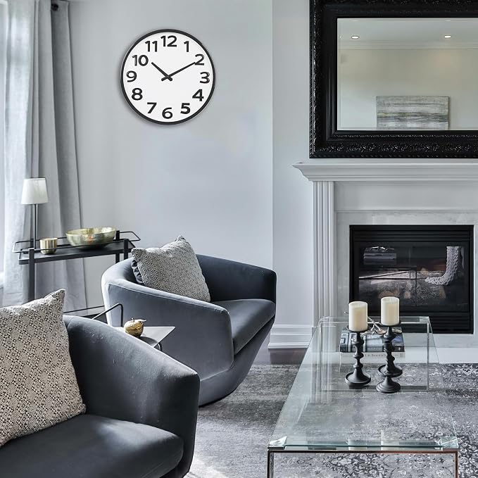 16 Inch Wall Clock - Large 3D Numbers Easy to Read, Silent Non-Ticking Battery Operated Analog Quartz Round Clock for Home, Office, Classroom, Seniors - Black