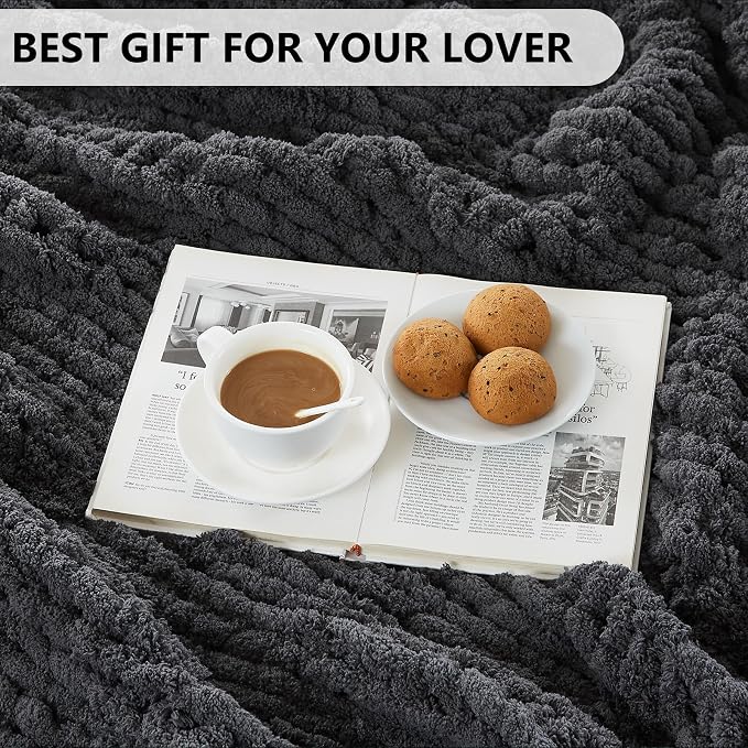 L'AGRATY Chunky Knit Blanket Throw - Soft Chunky Throw Blanket 50x60: 100% Hand Kintted Chenile Crochet Throw Blankets for Couch - Large Cable Knit Blankets for Home Decor(Dark Grey)