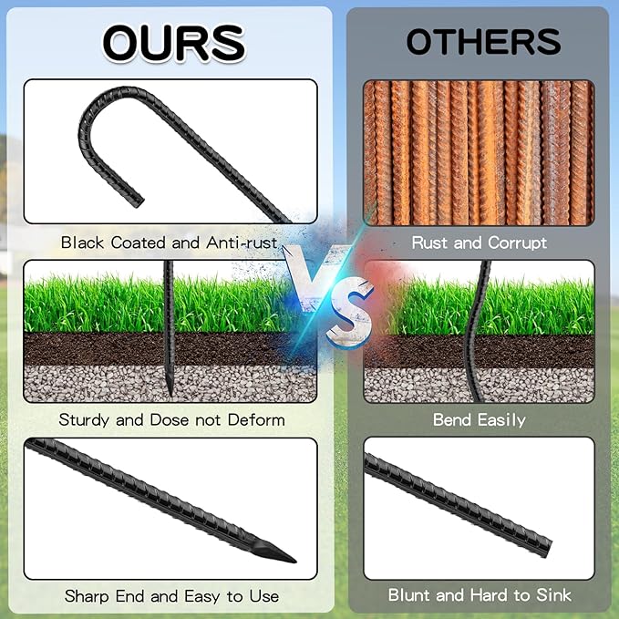 Black Rebar Stakes 12inx6mm Galvanized J Hook 4pcs – Heavy Duty Ground Tent Stakes for Fence,Bounce House,Outdoor Plants,Artificial Turf,Dog Coop,Metal Stakes for Christmas Decorations
