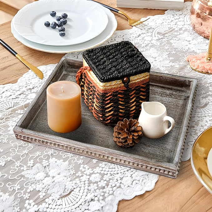 Wooden Decorative Tray, Rectangular Serving Tray with Wood Bead, Farmhouse Big Tray for Ottoman, Countertop, Coffee Tabl, 16.5" x 13"x 1.6" (Retro Brown)