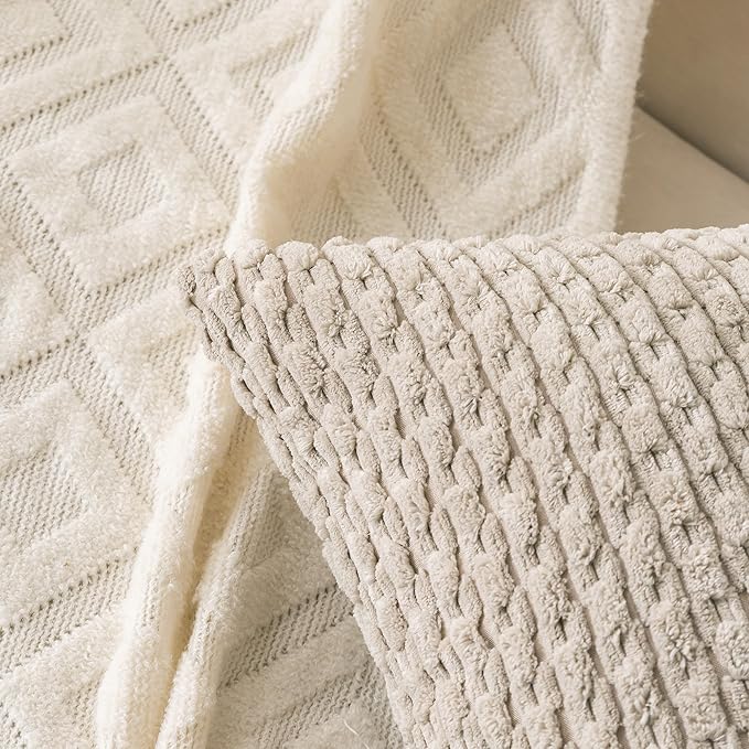 Set of 4 Navy White Taupe Decorative Throw Pillow Covers 24x24 Inch Corduroy Pillow Covers for Bed Couch Sofa Living Room Soft Square Cushion Cases