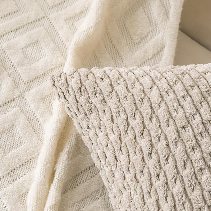 Set of 4 Navy White Taupe Decorative Throw Pillow Covers 22x22 Inch Corduroy Pillow Covers for Bed Couch Sofa Living Room Soft Square Cushion Cases