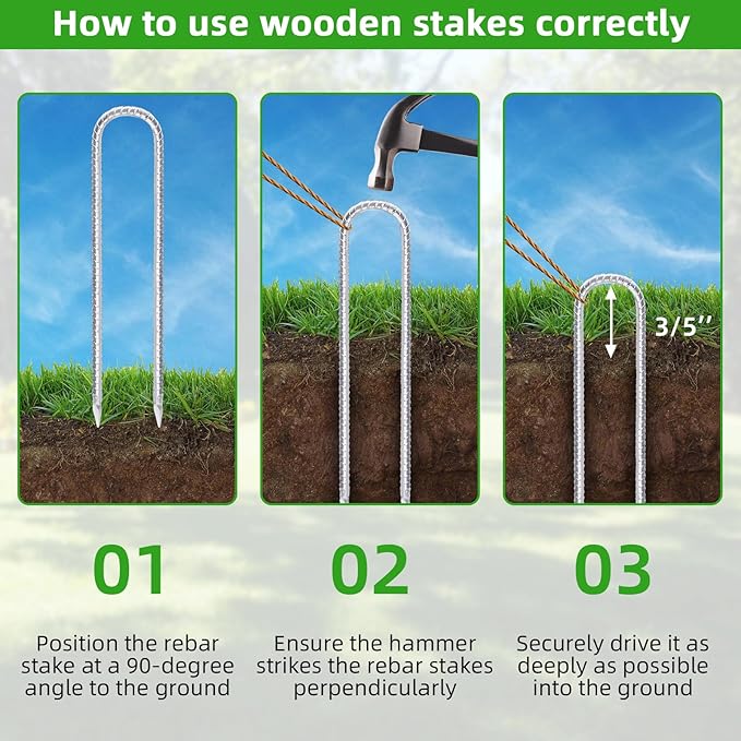Trampoline Stakes Anchors High Wind 16inx10mm Galvanized U Hook 4pcs Rebar Stakes – Heavy Duty Ground Anchors for Trampoline,Yard & Inflatable,Landscape Metal Stakes for Outdoor Decorations