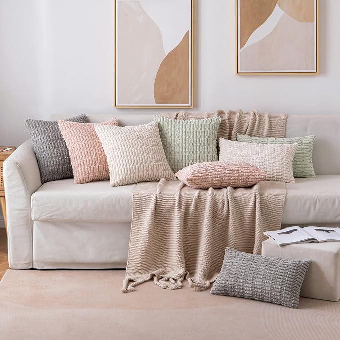 MIULEE Pack of 2 Corduroy Decorative Lumbar Throw Pillow Covers 24x14 Inch Soft Boho Striped Pillow Covers Modern Farmhouse Home Decor for Sofa Living Room Couch Bed Cream White