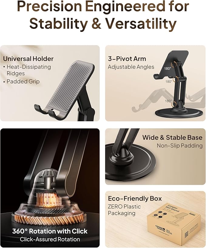 COOPER 360° Stand, [Gift Family Pack], Rotating Cell Phone Stand for Desk, Cell Phone Holder for Desk, iPhone Stand Holder, Sturdy Metal Base, Fits Samsung, Android Smartphones, (Black White, 2-Pack)