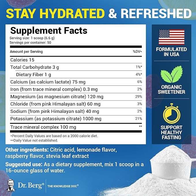 Dr. Berg Zero Sugar Hydration Keto Electrolyte Powder - Enhanced w/ 1000 mg of Potassium & Real Pink Himalayan Salt (NOT Table Salt) - Raspberry & Lemon Flavor Hydration Drink Supplement - 50 Servings