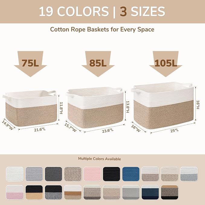 Goodpick 105L Extra Large Blanket Basket 25" x 16" x 16" Cotton Rope Storage Baskets for Organizing, Baby Laundry Basket with Handles, Rectangle Woven Baskets for Storage, Brown