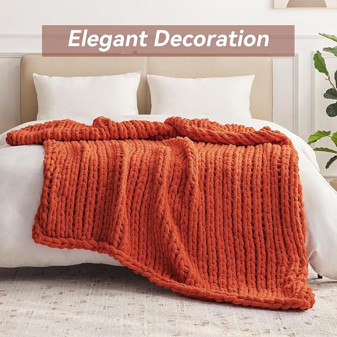 Negwoo Chunky Knit Throw Blanket, 60''*80'' Fall Throw Blanket Knitted Chenille Yarn for Bed Couch, Handmade Orange Crochet Big Thick Blanket, Machine Washable Cute Comfy Blankets for Home Decor