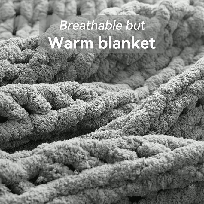 Negwoo Chunky Knit Throw Blanket, 60''*80'' Knitted Throw Chenille Yarn for Bed Couch, Handmade Light Grey Crochet Big Thick Blanket, Machine Washable Cute Comfy Blanket for Home Decor