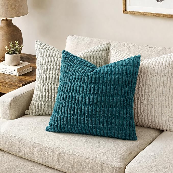 MIULEE Pack of 2 Corduroy Decorative Throw Pillow Covers 18x18 Inch Soft Boho Striped Pillow Covers Modern Farmhouse Home Decor for Summer Coastal Sofa Living Room Couch Bed Teal