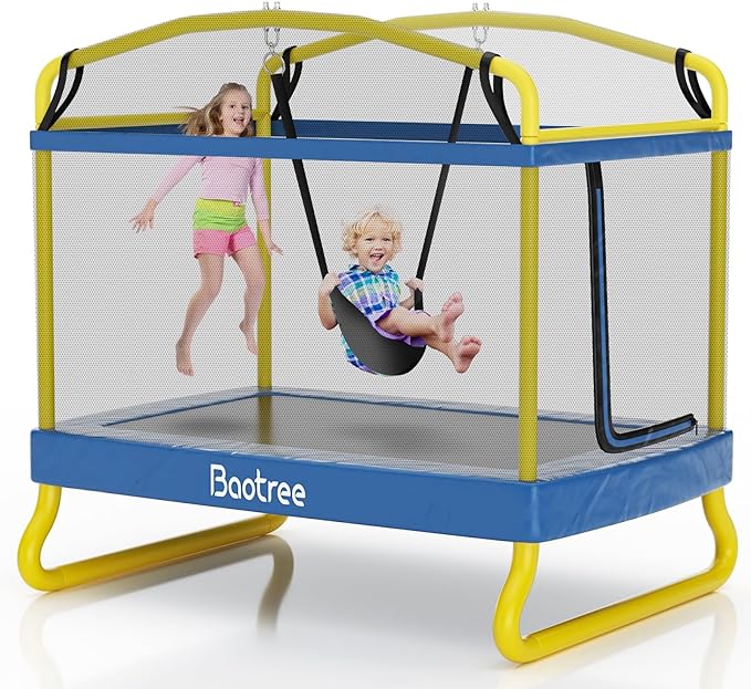 6.5FT Rectangle Trampoline for Kids, 78”ASTM Approved Recreational Trampolines with Swing, Small Toddler Trampoline with Safety Enclosure Net, Outdoor and Backyard, Gifts for Children & Boys & Girls