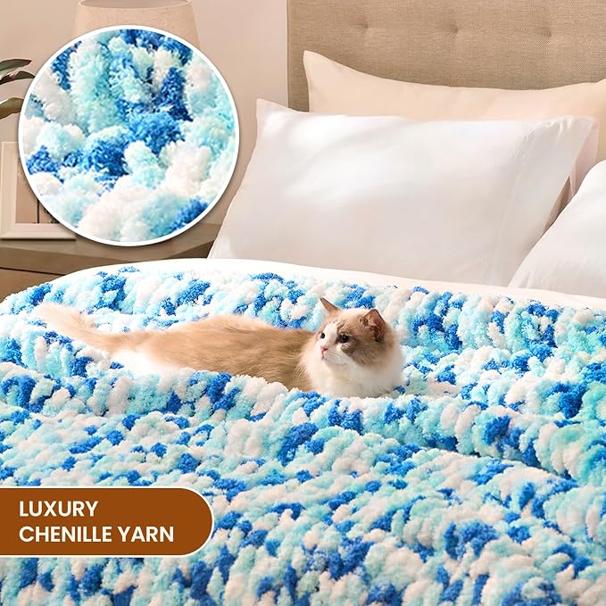 L'AGRATY Chunky Knit Blanket Throw: 50''x60'' Chenille Chunky Knitted Throw Blankets for Bed Couch - Handmade Thick Cable Knit Blanket - Large Crochet Rope Blankets for Home Decor