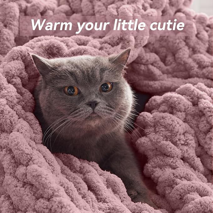 Negwoo Chunky Knit Throw Blanket, 60''*80'' Knitted Throw Chenille Yarn for Bed Couch, Handmade Muted Pink Crochet Big Thick Blanket, Machine Washable Cute Comfy Blanket for Home Decor