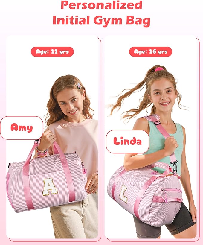 Gift for 11 12 13 14 15 16 Years Old Girls, Girl Gym Bag, Kids Initial Overnight Duffel Bags with Shoe Compartment, Personalized Travel Bag with Makeup Pouch, Cute Birthday Gifts (Letter A)