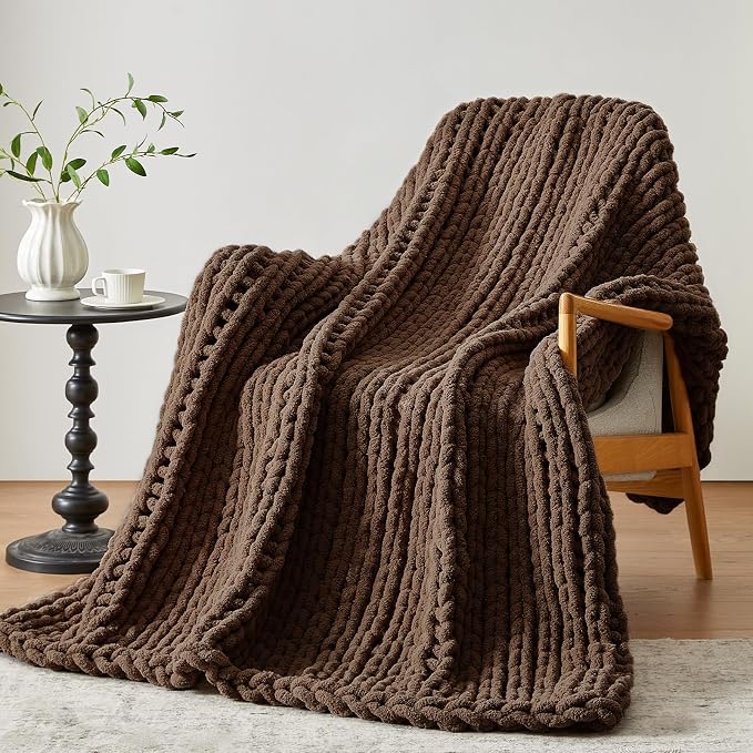 Negwoo Chunky Knit Throw Blanket, 60''*80'' Knitted Throw Chenille Yarn for Bed Couch, Handmade Dark Brown Crochet Big Thick Blanket, Machine Washable Cute Comfy Blanket for Home Decor