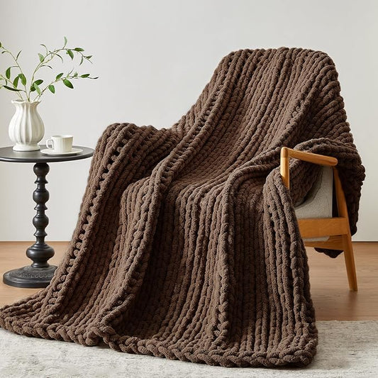 Negwoo Chunky Knit Throw Blanket, 60''*80'' Knitted Throw Chenille Yarn for Bed Couch, Handmade Dark Brown Crochet Big Thick Blanket, Machine Washable Cute Comfy Blanket for Home Decor