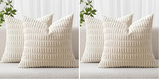 MIULEE Pack of 4 Corduroy Decorative Throw Pillow Covers 18x18 Inch Soft Boho Striped Pillow Covers Modern Farmhouse Home Decor for Sofa Living Room Couch Bed Cream White