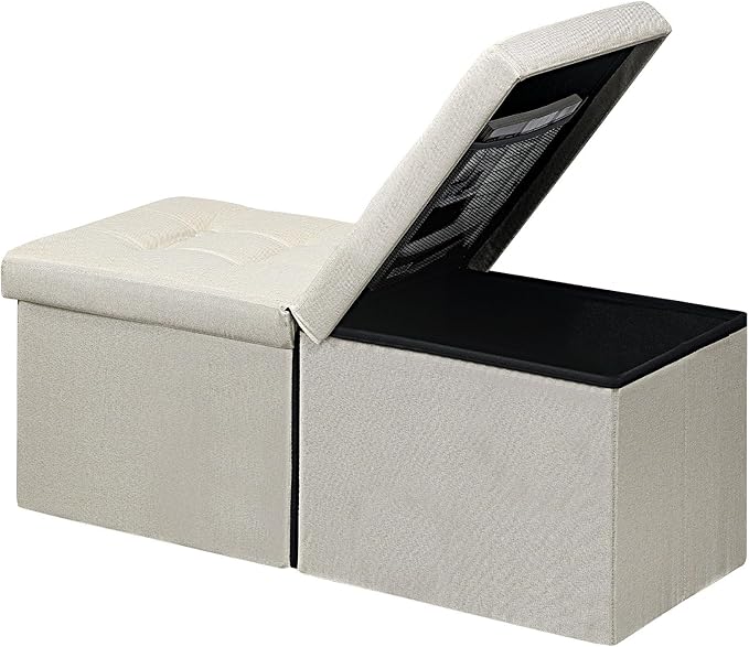 AmasSmile Storage Bench Folding Ottoman Foot Rest Stool, 34 inch Beige Linen Footstool Bench, Short Ottoman, Foot Rest Store as Books, and Blanket Storage or Others.