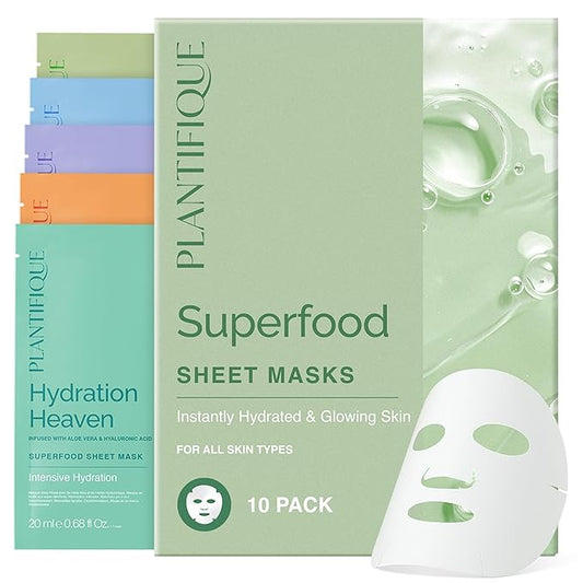 PLANTIFIQUE Superfood Facial Sheet Mask Variety Box 10 Pack ??2x Coconut, Aloe, Vitamin C, Centella & Collagen Face Masks ??Hydrating & Glow-Enhancing ??For All Skin Types