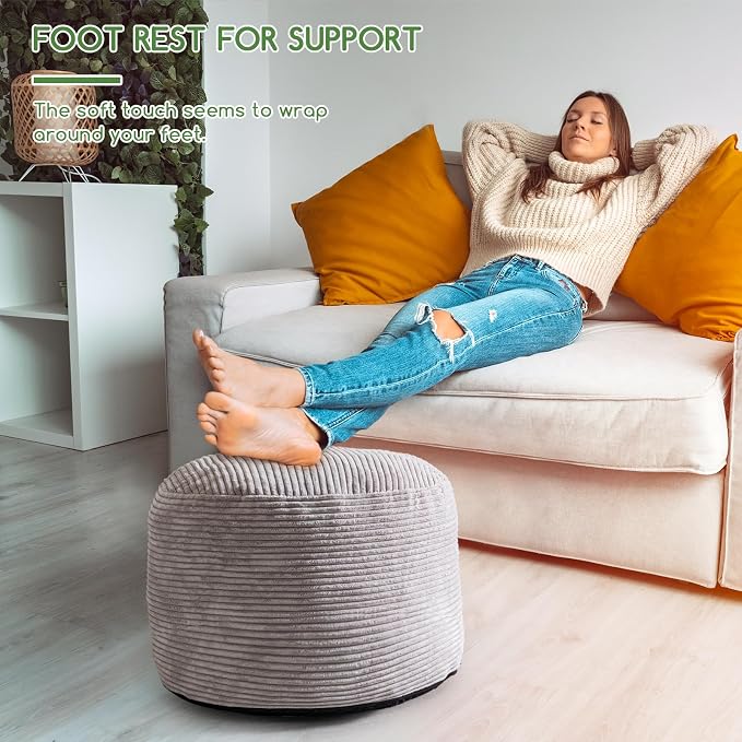 HIGOGOGO Round Stuffed Pouf Ottoman, Corduroy Poufs with Foam Chunk Filling, Furry and Fluffy Pouf Foot Stool Storage Ottoman, 20 X 15 Floor Poufs Foot Rest for Living Room, Grey