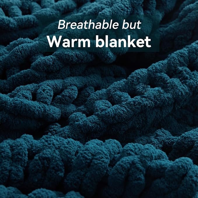 Negwoo Chunky Knit Throw Blanket, 30''*40'' Knitted Throw Chenille Yarn for Bed Couch, Handmade Peacock Blue Crochet Big Thick Blanket, Machine Washable Cute Comfy Blanket for Home Decor