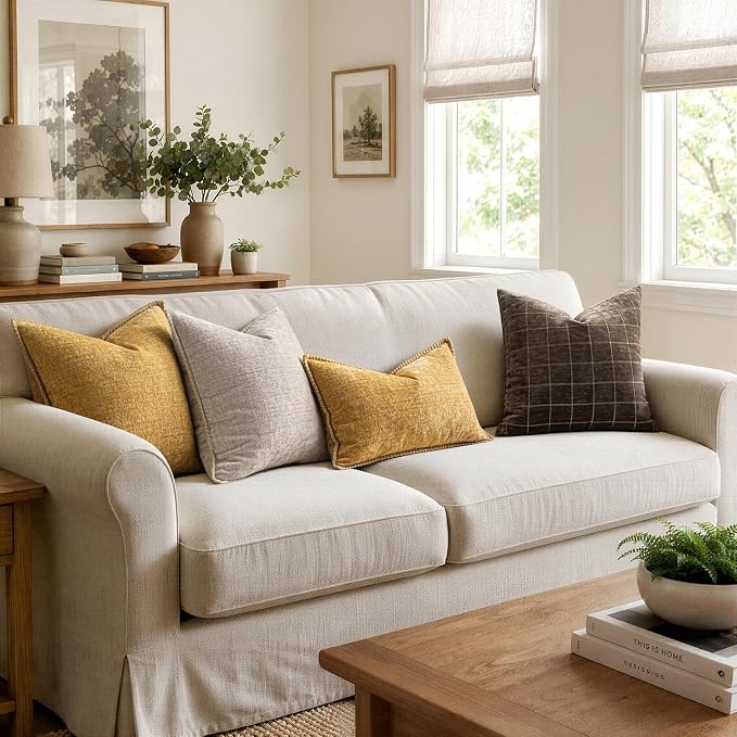MIULEE Pack of 2 Summer Throw Pillow Covers 18x18 Inch Gold Mustard Yellow Farmhouse Decorative Pillow Covers with Stitched Edge Soft Chenille Solid Dyed Pillow Covers for Couch Sofa Bed Living Room