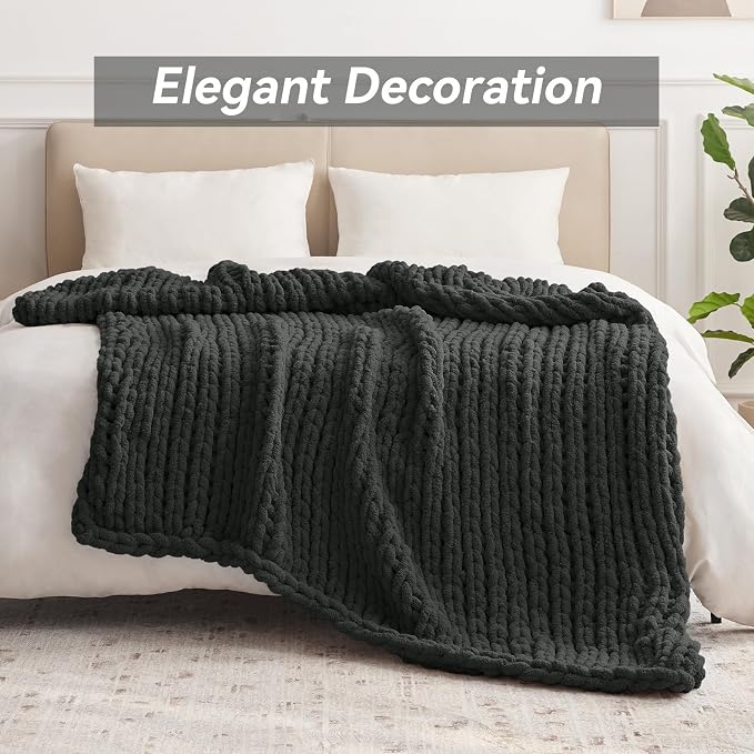 Negwoo Chunky Knit Throw Blanket, 40''*50'' Knitted Throw Chenille Yarn for Bed Couch, Handmade Dark Grey Crochet Big Thick Blanket, Machine Washable Cute Comfy Blanket for Home Decor