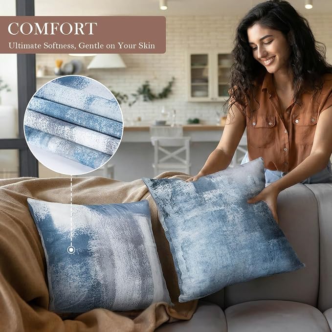 Set of 4 Blue and Grey Abstract Art Artwork Pillow Cover 20 x 20 Inch, Gallery Modern Decorative Throw Pillows Cushion Cover for Bedroom Sofa Living Room