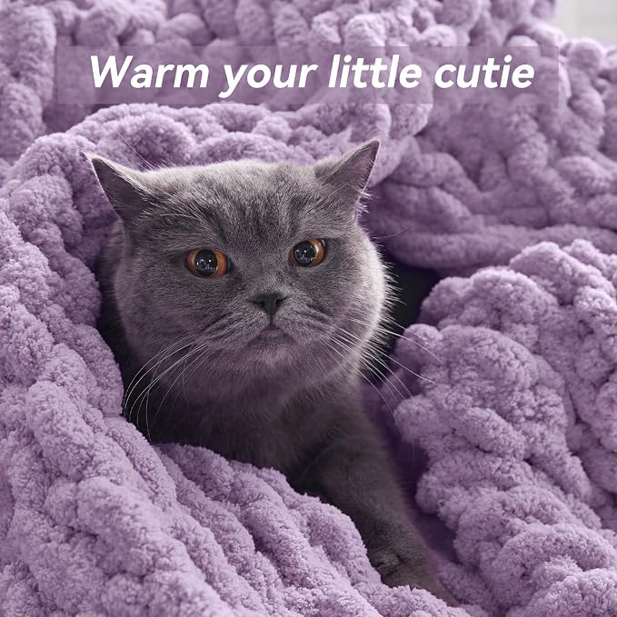 Negwoo Chunky Knit Throw Blanket, 30''*40'' Knitted Throw Chenille Yarn for Bed Couch, Handmade Light Purple Crochet Big Thick Blanket, Machine Washable Cute Comfy Blanket for Home Decor