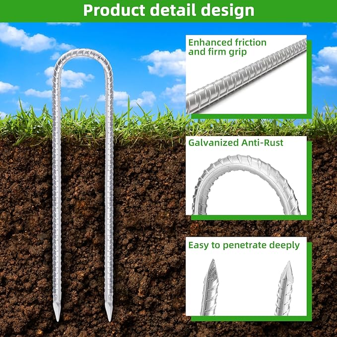 Trampoline Stakes Anchors High Wind 16inx10mm Galvanized U Hook 12pcs Rebar Stakes – Heavy Duty Ground Anchors for Trampoline,Yard & Inflatable,Landscape Metal Stakes for Outdoor Decorations