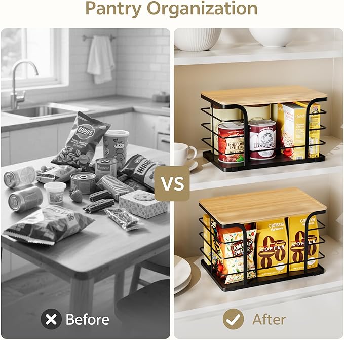 2 Pack Potato and Onion Storage Bin,Stackable Pantry Organizers and Storage with PP Liner and Bamboo Top,Kitchen Storage Organization Counter Basket for Fruits,Produce,Vegetable, Black