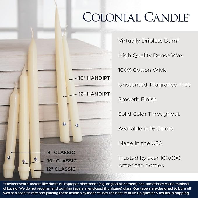Colonial Candle Unscented Taper Candle, Handipt Collection, Ivory, 12 In, Pack of 12 - Up to 10 Hours Burn