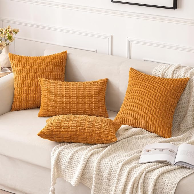 MIULEE Pack of 2 Burnt Orange Corduroy Decorative Euro Sham Pillow Covers 24x24 Inch Soft Boho Striped Throw Pillow Covers Modern Farmhouse Home Decor for Summer Sofa Living Room Couch Bed