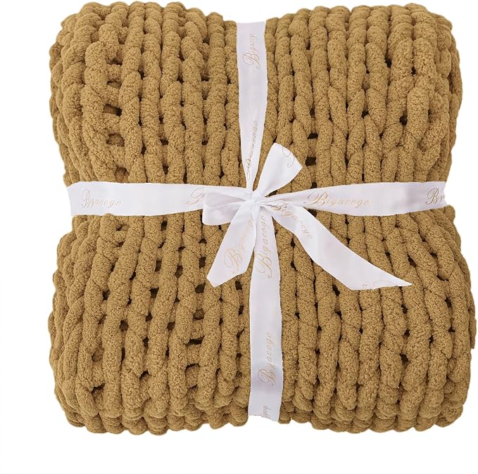 Bigacogo Chunky Knit Throw Blanket for Couch, 51x63 inches, 100% Hand Knitted with Thick Jumbo Chenille Yarn, Cozy Soft Large Rope Knot Cable Crochet Blankets for Sofa Bed Living Room, Goldenrod