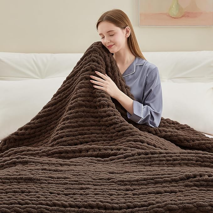 Negwoo Chunky Knit Throw Blanket, 60''*80'' Knitted Throw Chenille Yarn for Bed Couch, Handmade Dark Brown Crochet Big Thick Blanket, Machine Washable Cute Comfy Blanket for Home Decor
