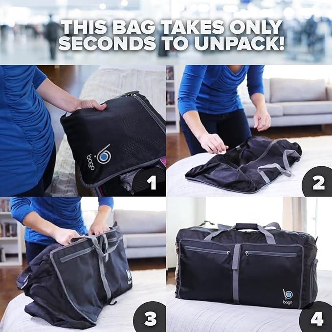 Bago Foldable Duffel Bags for Traveling Women & Men - 60L Medium Packable Duffle Bag for Travel with Shoe Compartment - Water Repellant, Heavy Duty, Lightweight Folding & Collapsible (Red)