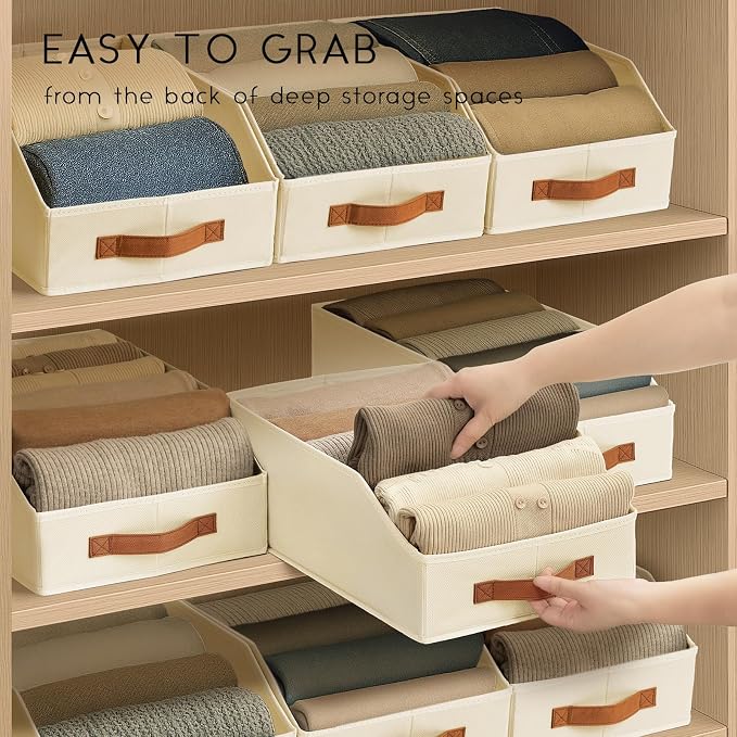 Homsorout Fabric Storage Bins for Organizing - 4 Pack Large Trapezoid Collapsible Storage Bins with Front Handle, Closet Organizers and Storage for Bedroom, Home Shelves, Small Spaces, Beige