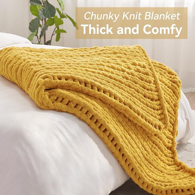 Negwoo Chunky Knit Throw Blanket, 80''*90'' Knitted Throw Chenille Yarn for Bed Couch, Handmade Yellow Crochet Big Thick Blanket, Machine Washable Cute Comfy Blanket for Home Decor
