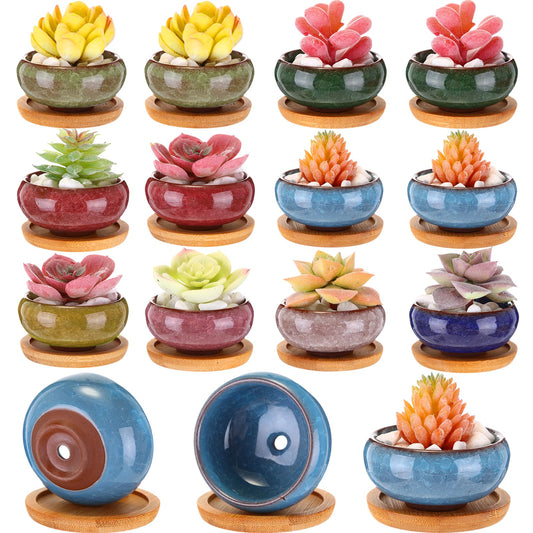 RimCereal 12 Pcs Small Succulent Pots with Drainage - 2.5 Inch Mini Ceramic Cactus Planters with Bamboo Saucers, 8 Colors Ice Crack Glaze Flower Pots for Plants, Home Office Desk Decor