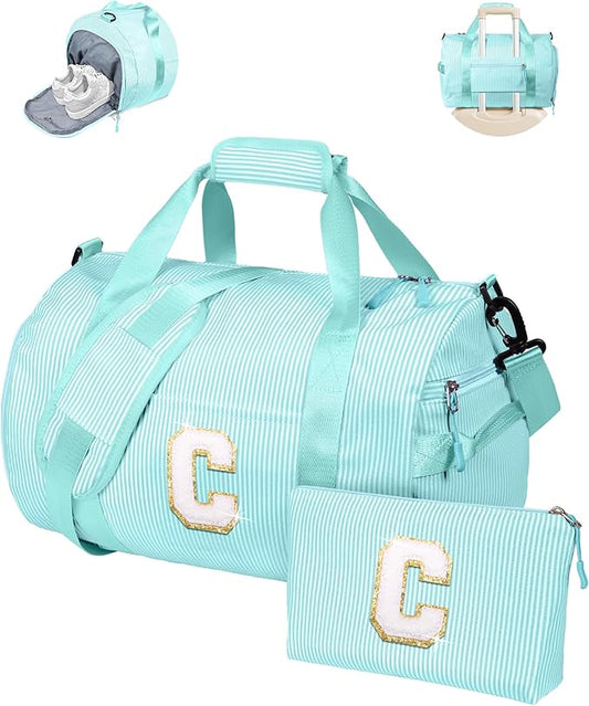 Gifts for 3 4 5 6 7 8 9 Year Old Girls, Girl Gym Bag, Kids Initial Overnight Duffel Bags with Shoe Compartment, Personalized Travel Bag with Makeup Pouch, Preppy Stuff for Niece (Letter C)