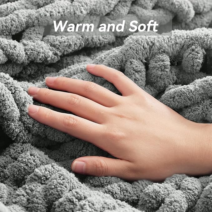 Negwoo Chunky Knit Throw Blanket, 60''*80'' Knitted Throw Chenille Yarn for Bed Couch, Handmade Light Grey Crochet Big Thick Blanket, Machine Washable Cute Comfy Blanket for Home Decor